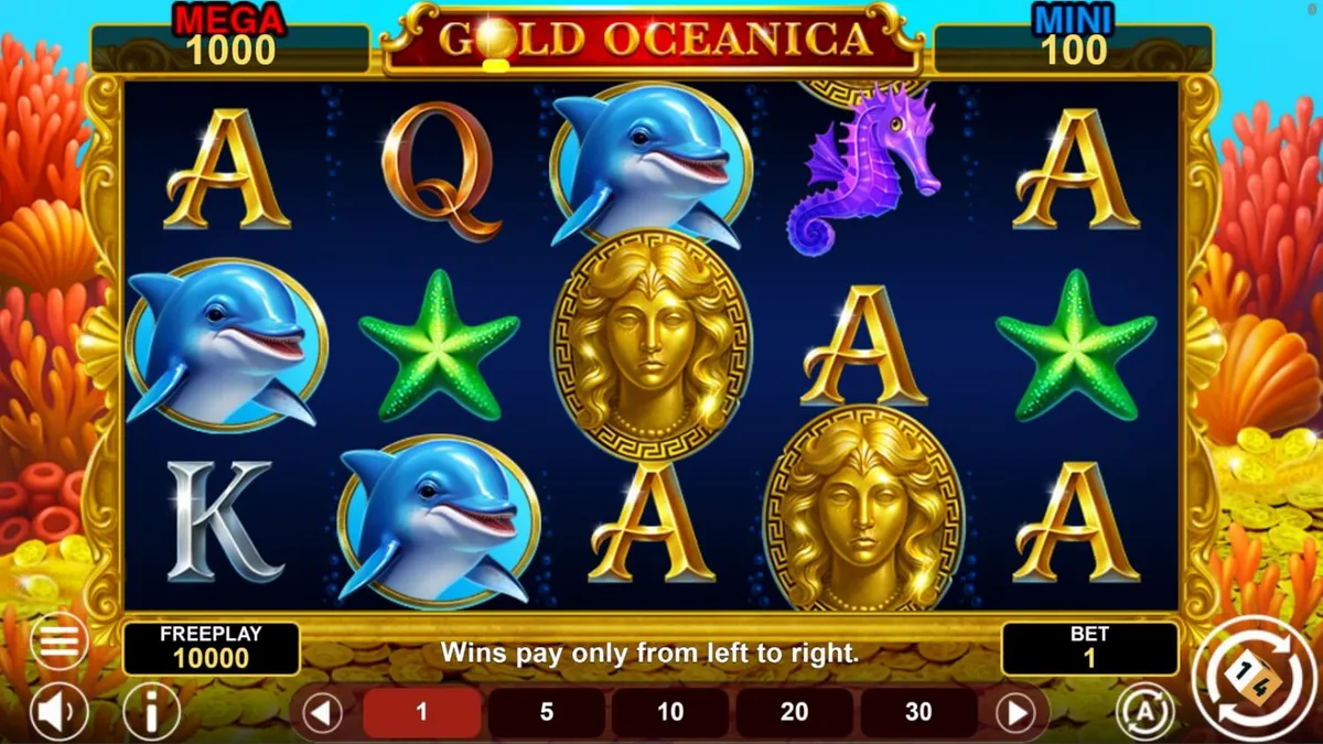 ภาพกราฟิกสล็อต Gold Oceanica ที่มีเทพีแห่งคลื่นและสัตว์ทะเล