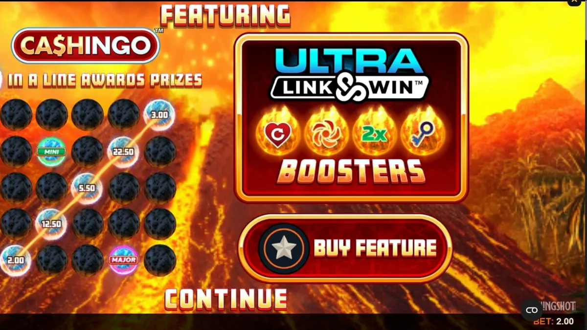 หน้าจอเกมสล็อต Eruption Blaze Cashingo ที่มีธีมภูเขาไฟและเหรียญทอง